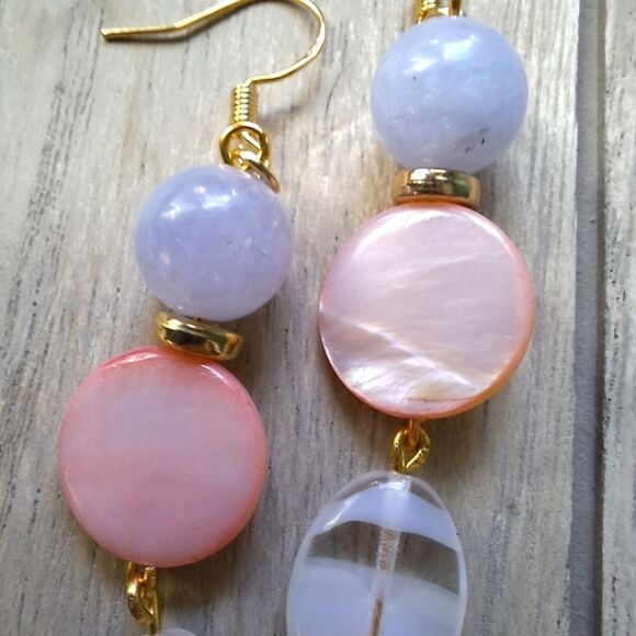 Mother of Pearl Aquamarine 18k Gold Dangle Earrings Boho Coquette Artsy Jewelry - Picture 8 of 9